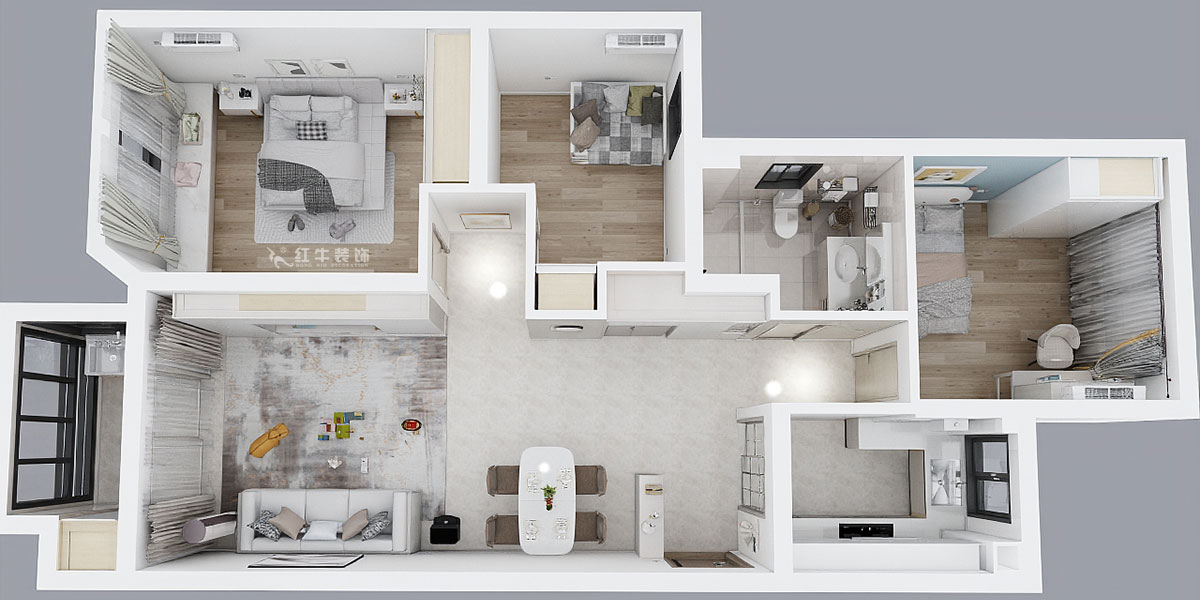 魏利利｜楓情水岸23-506-110㎡-現(xiàn)代簡約風格｜3室2廳1衛(wèi)｜二手房改造｜定制家｜全包14萬｜00_05鳥瞰圖