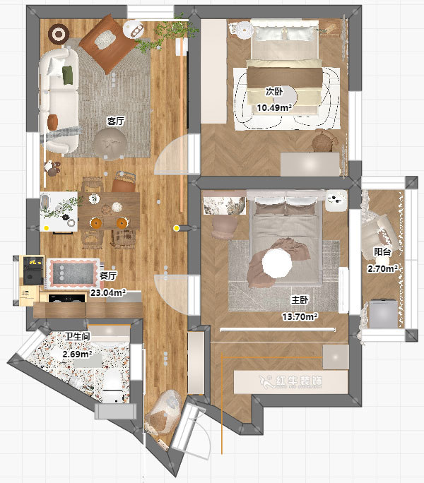 朱明琪|瑞金新村23-504-1902-69㎡-現(xiàn)代簡約風(fēng)格|2室1廳1衛(wèi)|老房翻新|定制家|全包12萬|00_04平面彩圖