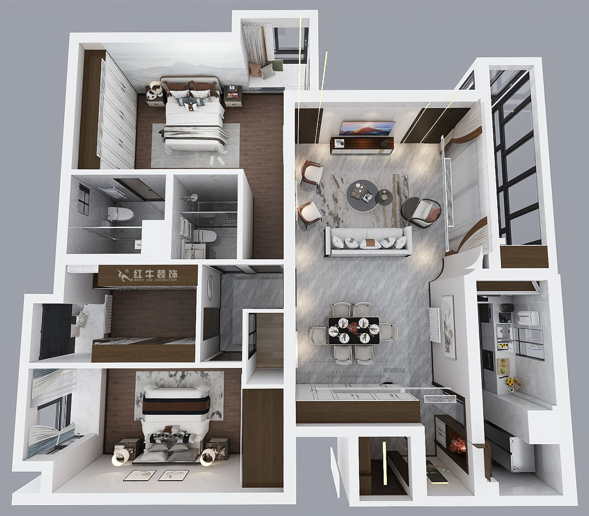 蔣?。┞°懢舾?-501-170㎡-中式風(fēng)格｜3室2廳2衛(wèi)｜舊房裝修｜定制家｜全包22萬｜00_04鳥瞰圖