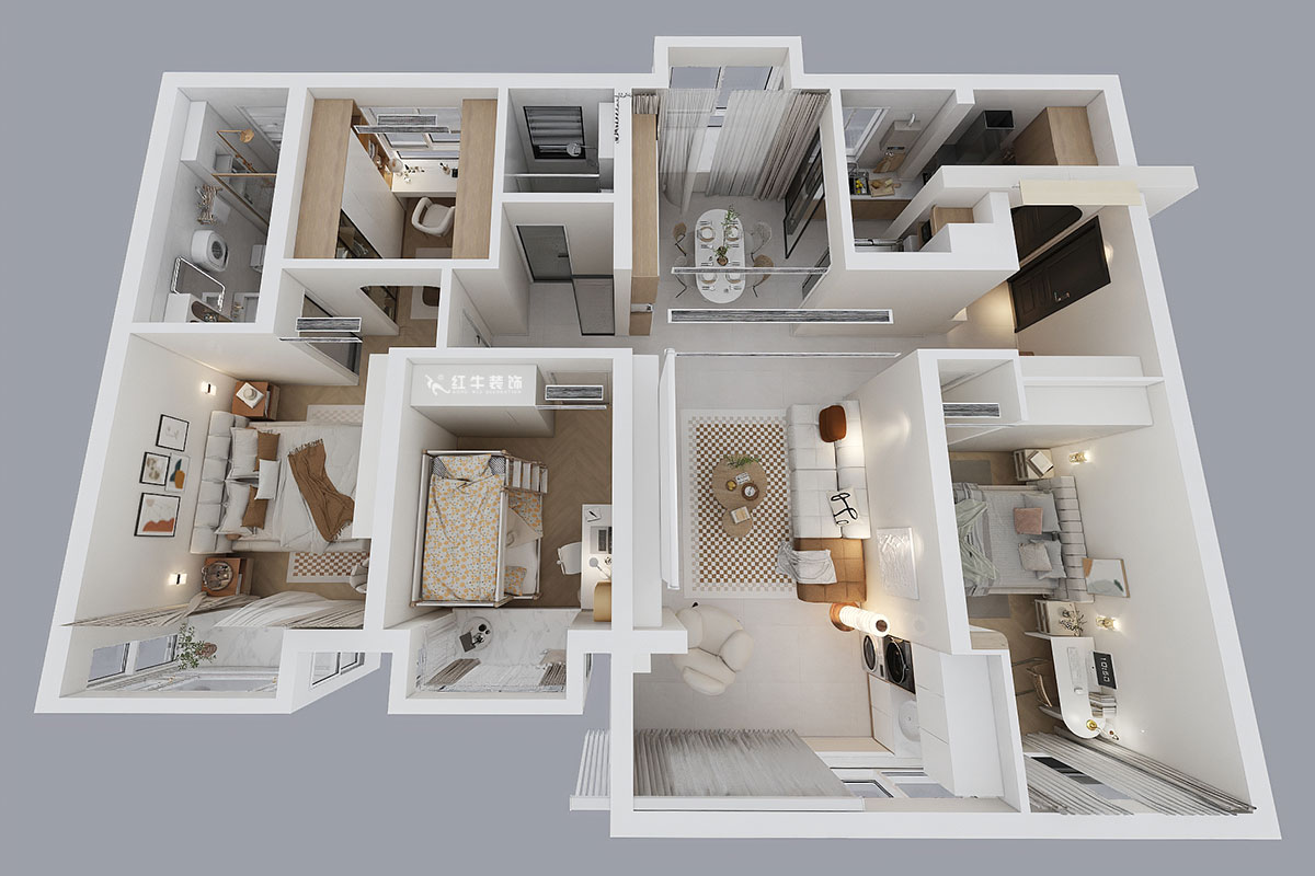 魏明花｜睿創(chuàng)新筑3期C2-2204-132㎡-現(xiàn)代簡(jiǎn)約風(fēng)格｜4室2廳2衛(wèi)｜毛坯房裝修｜定制家｜全包23萬(wàn)｜00_04鳥(niǎo)瞰圖