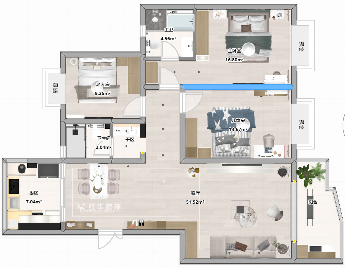 陸利民｜楓丹白露城市花園32-301-126㎡-現(xiàn)代簡約風(fēng)格｜3室2廳2衛(wèi)｜舊房裝修｜半包9萬｜00_03平面彩圖