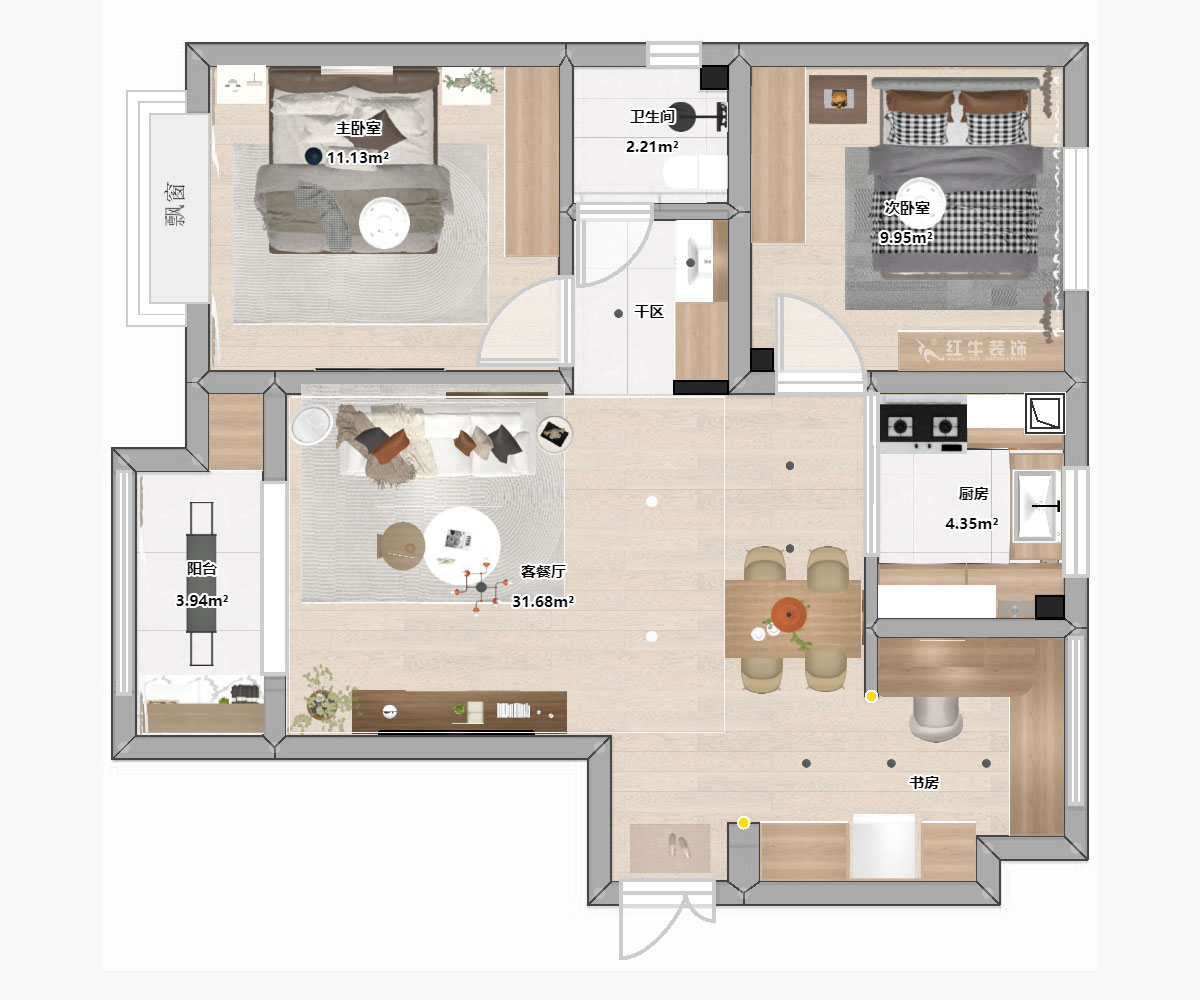 陸利民｜文墨花苑10-909-87㎡-現(xiàn)代風格｜3室2廳1衛(wèi)｜舊房裝修｜定制家｜全包12萬｜00_04平面彩圖