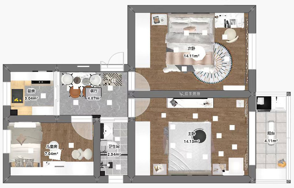 蔣?。P凰莊169-301-65㎡-現(xiàn)代簡約風(fēng)格｜3室1廳1衛(wèi)｜老房裝修｜定制家｜全包10萬｜00_03平面彩圖