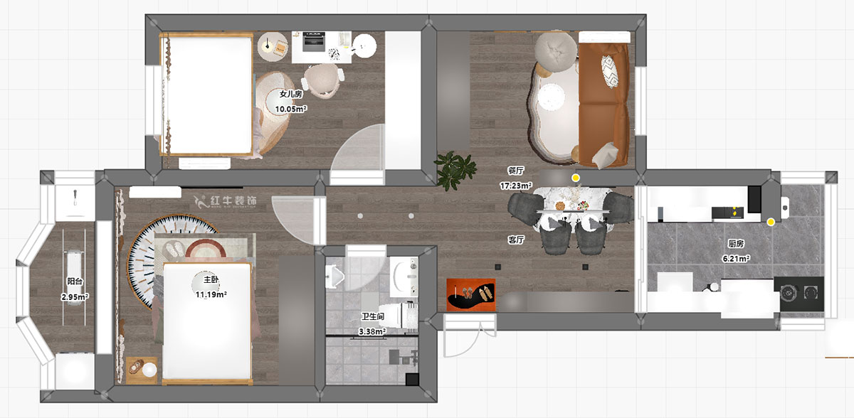 吳波|櫻駝花園躍新園3-206-70㎡-現(xiàn)代風(fēng)格|2室2廳1衛(wèi)|舊房裝修|定制家|全包9萬|00_03平面彩圖