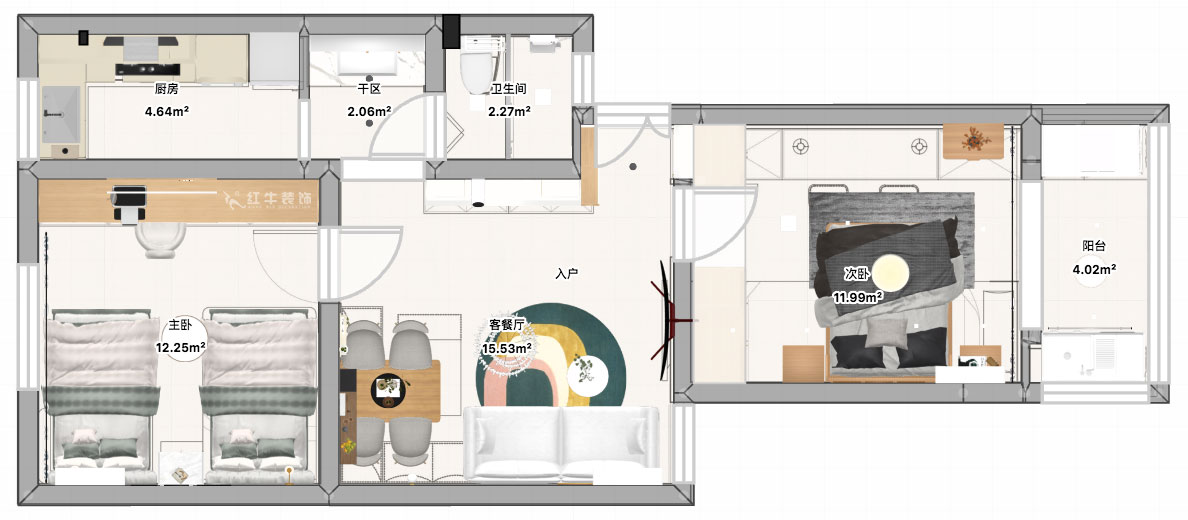 張智猿｜煤炭港60號(hào)1-3-102-60㎡-現(xiàn)代奶油風(fēng)｜2室1廳1衛(wèi)｜老房裝修｜定制家｜全包12萬｜00_04平面彩圖