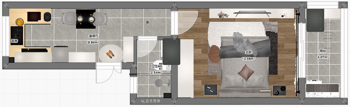 孟憲濤|殷高巷55-301-50㎡-現代簡約風格|1室1廳1衛(wèi)|老房裝修|定制家|全包8萬|00_03平面彩圖