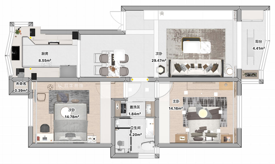 張智猿|彩虹苑10-31-202-90㎡-現(xiàn)代風格|2室2廳1衛(wèi)|老房裝修|定制家|全包14萬|00_04平面彩圖