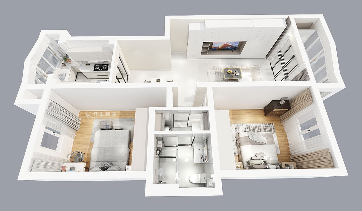 張智猿|彩虹苑10-31-202-90㎡-現(xiàn)代風格|2室2廳1衛(wèi)|老房裝修|定制家|全包14萬|00_05鳥瞰圖