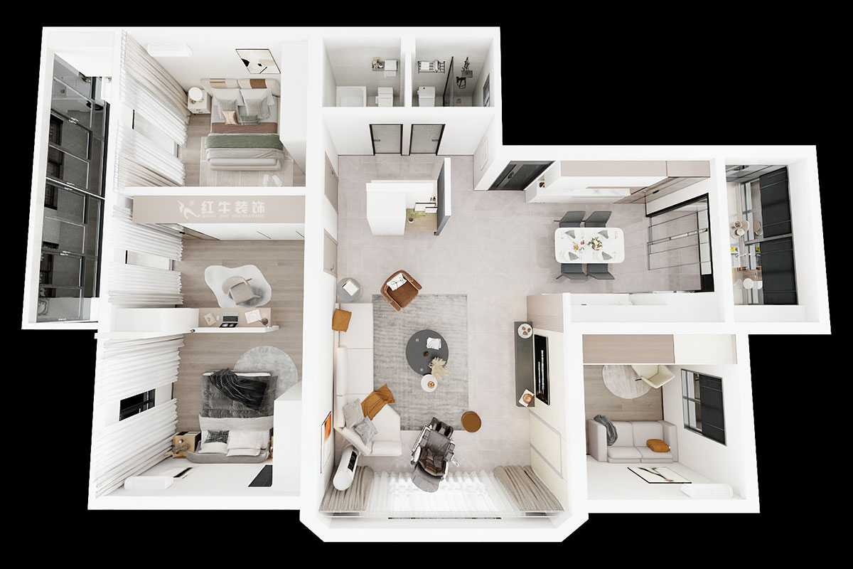 蔣?。鼥|升花苑5-501-140㎡-現(xiàn)代簡約風(fēng)格｜4室2廳2衛(wèi)｜老房裝修｜定制家｜全包20萬｜00_04鳥瞰圖