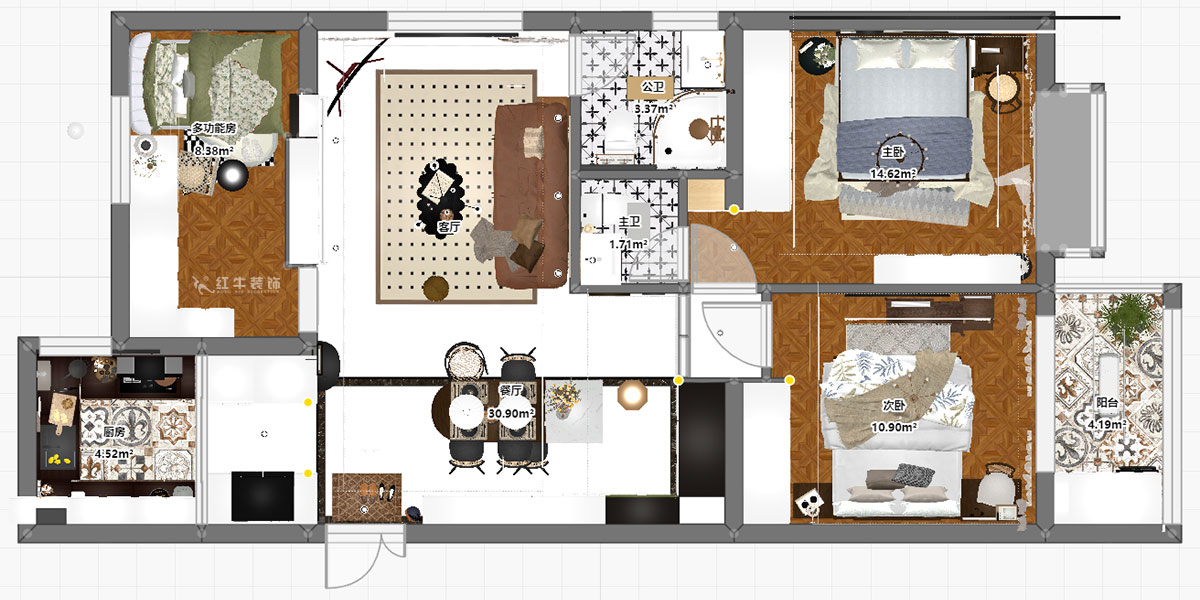 孟憲濤｜觀泓雅苑A區(qū)6-2101-115㎡-法式南洋復(fù)古風(fēng)格｜3室1廳2衛(wèi)｜新房裝修｜定制家｜全包16萬(wàn)｜00_03平面彩圖