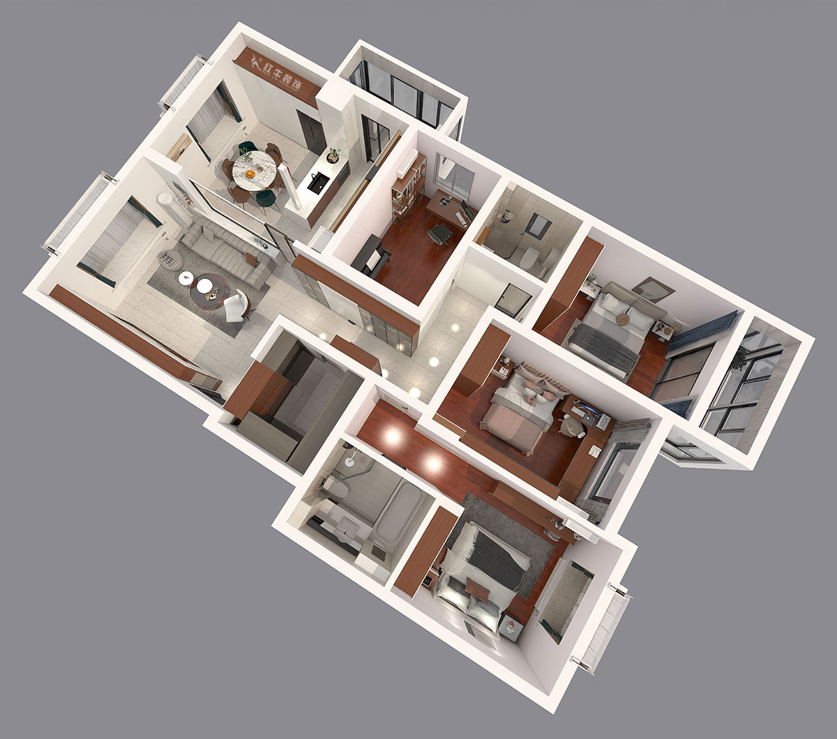 陸利民|東郊美樹苑2-901-150㎡-現(xiàn)代簡約風(fēng)格|4室2廳2衛(wèi)|舊房裝修|定制家|全包21萬|00_05鳥瞰圖