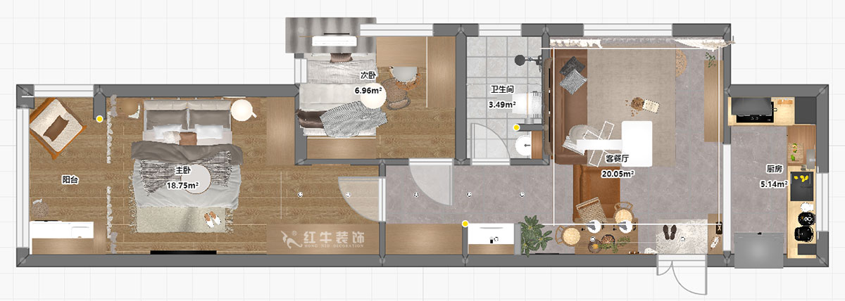 朱彥｜觀泓雅苑7-7-1710-75㎡-現(xiàn)代簡約風(fēng)格｜2室1廳1衛(wèi)｜新房裝修｜定制家｜全包10萬｜00_03平面彩圖