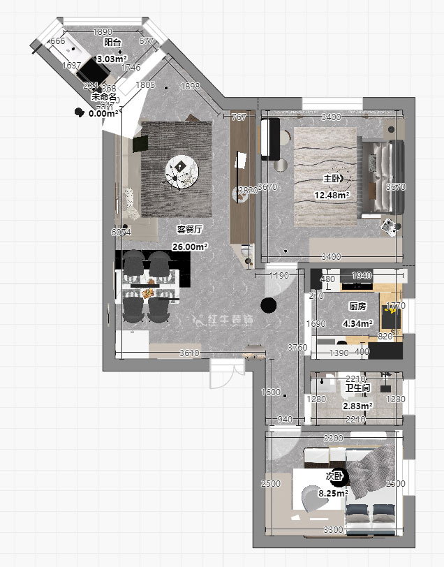 孟憲濤|北門橋10號1508室-85㎡-現(xiàn)代簡約風(fēng)格|2室2廳1衛(wèi)|老房裝修|定制家|全包12萬|00_04平面彩圖