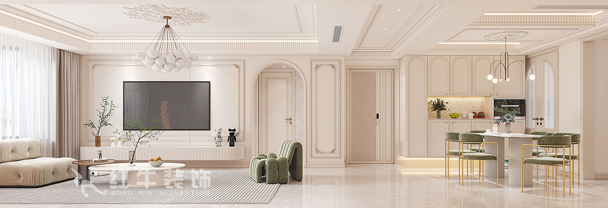 蔣?。鸪?1-3-2206-140㎡-法式奶油風(fēng)格｜3室2廳2衛(wèi)｜新房裝修｜定制家｜全包23萬｜00電視背景