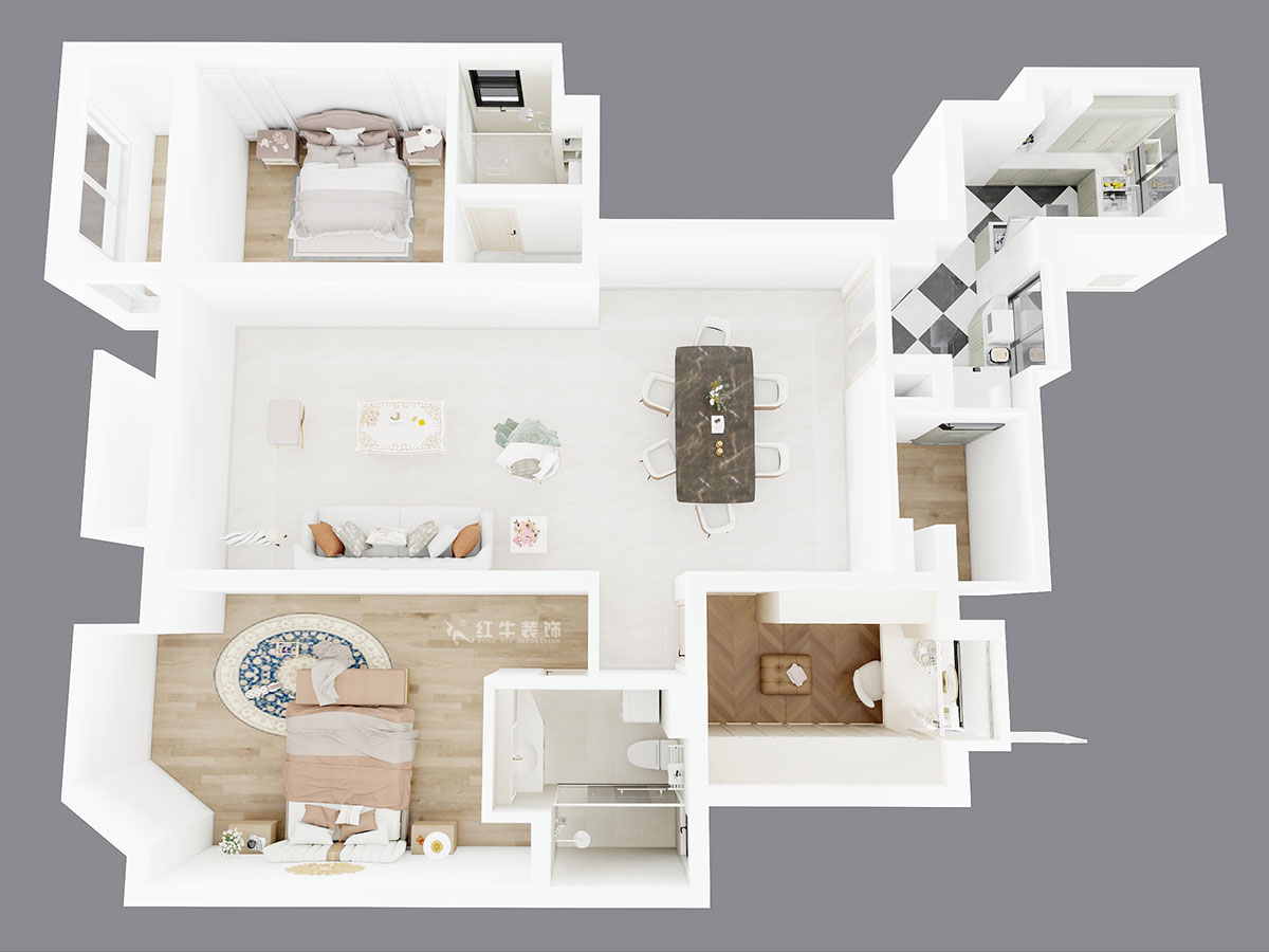 蔣?。鸪?1-3-2206-140㎡-法式奶油風(fēng)格｜3室2廳2衛(wèi)｜新房裝修｜定制家｜全包23萬｜00_04鳥瞰圖