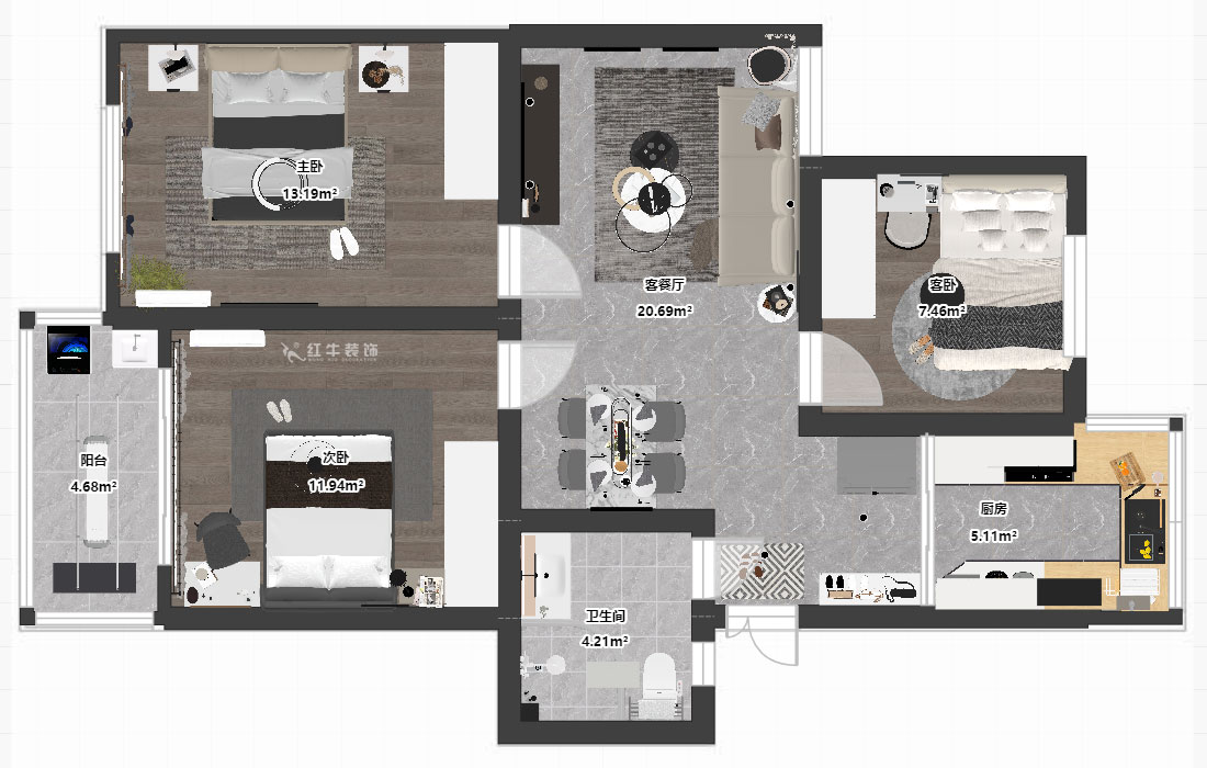 孟憲濤｜龍悅山莊7-402-82㎡-現(xiàn)代簡約風(fēng)格｜3室2廳1衛(wèi)｜老房裝修｜定制家｜全包12萬｜00_03平面彩圖