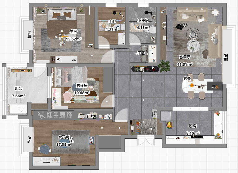 吳波|楓丹白露8-3-402-140㎡-現(xiàn)代風(fēng)格|3室2廳2衛(wèi)|新房裝修|定制家|全包18萬(wàn)|00_04平面彩圖