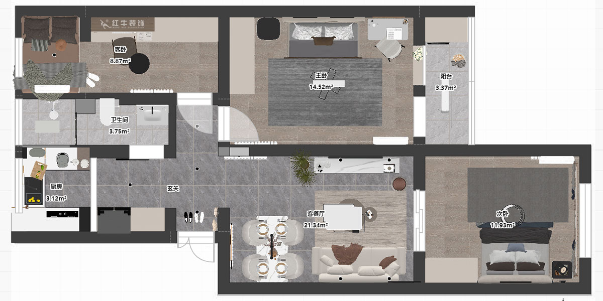 孟憲濤｜理工大121棟4-208-82㎡-現(xiàn)代簡約風(fēng)格｜3室2廳1衛(wèi)｜老房裝修｜定制家｜全包12萬｜00_03平面彩圖