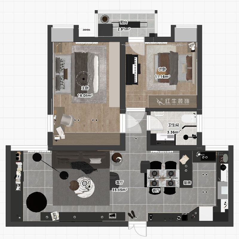 劉萍萍｜潤花園2-2-202-94㎡-現(xiàn)代簡約風格｜2室2廳1衛(wèi)｜老房裝修｜定制家｜全包13萬｜00_04平面彩圖