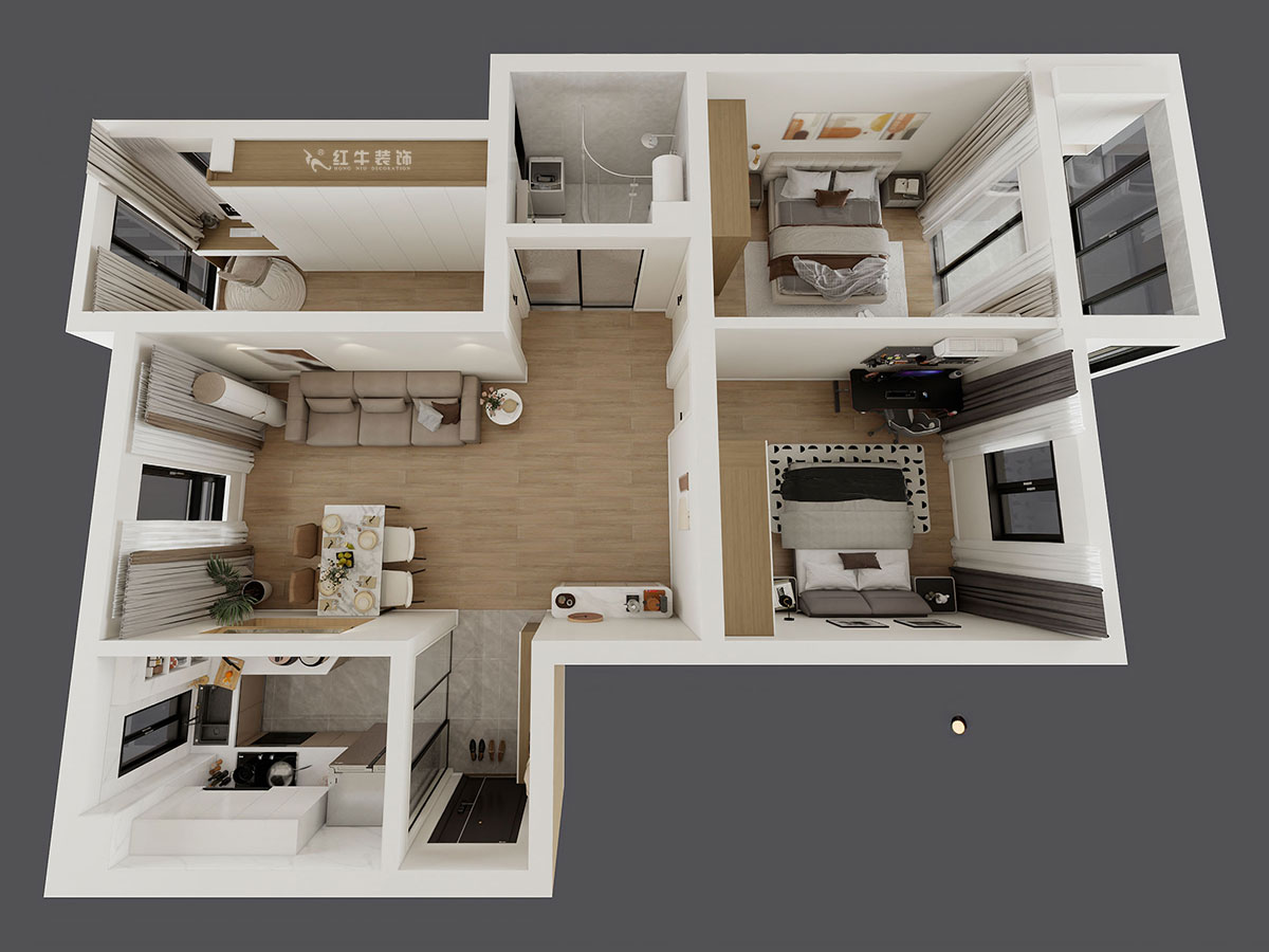 孟憲濤｜月桂園4-1005-103㎡-現(xiàn)代簡約風格｜3室2廳1衛(wèi)｜新房裝修｜定制家｜全包14萬｜00_04鳥瞰圖