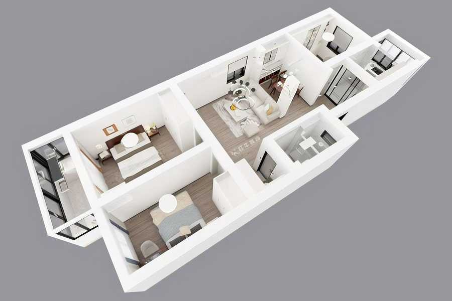 吳波|寧工新寓一村44-502-90㎡-現(xiàn)代簡約風格|3室2廳1衛(wèi)|舊房裝修|定制家|全包12萬|00_05鳥瞰圖