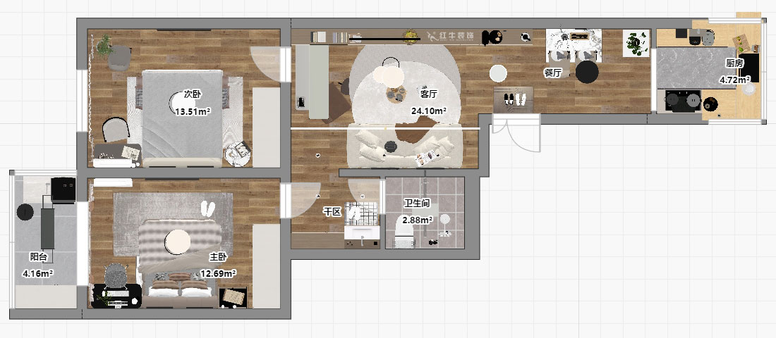 朱彥｜東大影壁1號304-79㎡-簡約風(fēng)格｜2室2廳1衛(wèi)｜老房裝修｜定制家｜全包11萬｜00_03平面彩圖