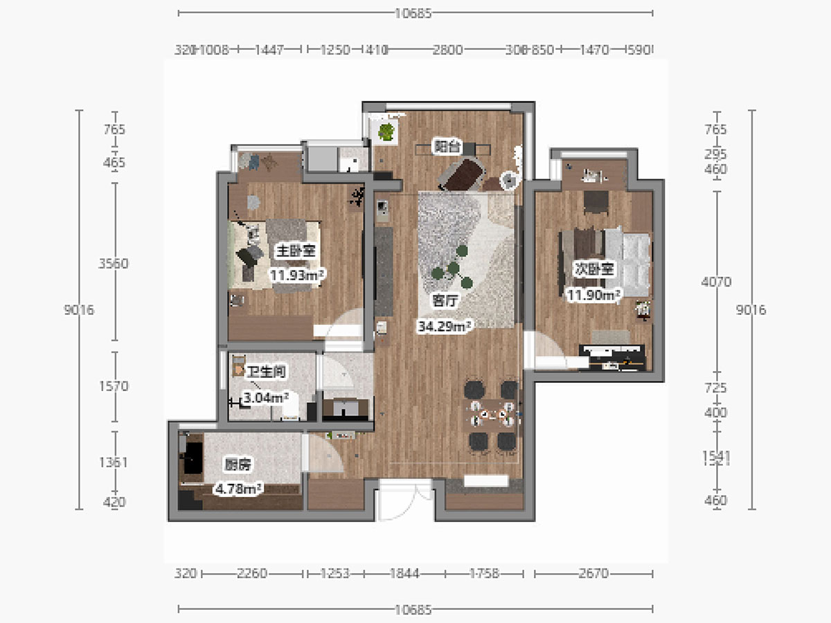 劉曉芳｜濱江雅園11-2803-87㎡-北歐風(fēng)格｜2室2廳1衛(wèi)｜新房裝修｜定制家｜全包14萬｜00_03平面彩圖