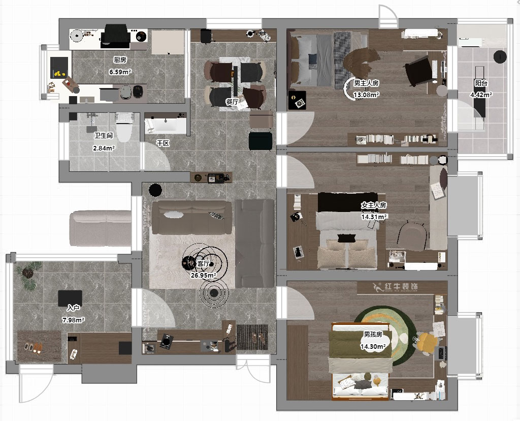 劉小勇｜二十八所62-401-100㎡-現(xiàn)代簡(jiǎn)約風(fēng)格｜3室2廳1衛(wèi)｜老房裝修｜定制家｜全包14萬(wàn)｜00_03平面彩圖