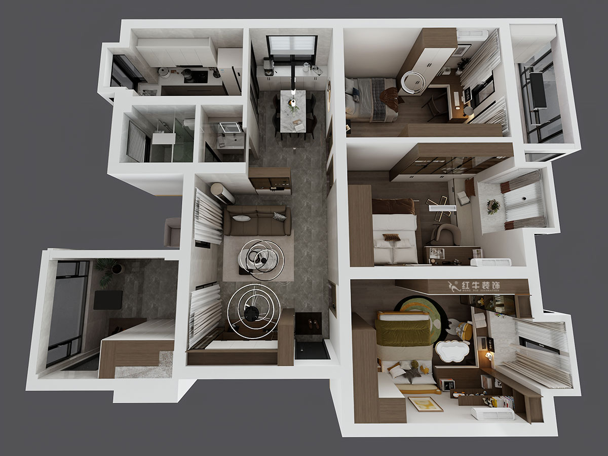 劉小勇｜二十八所62-401-100㎡-現(xiàn)代簡(jiǎn)約風(fēng)格｜3室2廳1衛(wèi)｜老房裝修｜定制家｜全包14萬(wàn)｜00_04鳥瞰圖