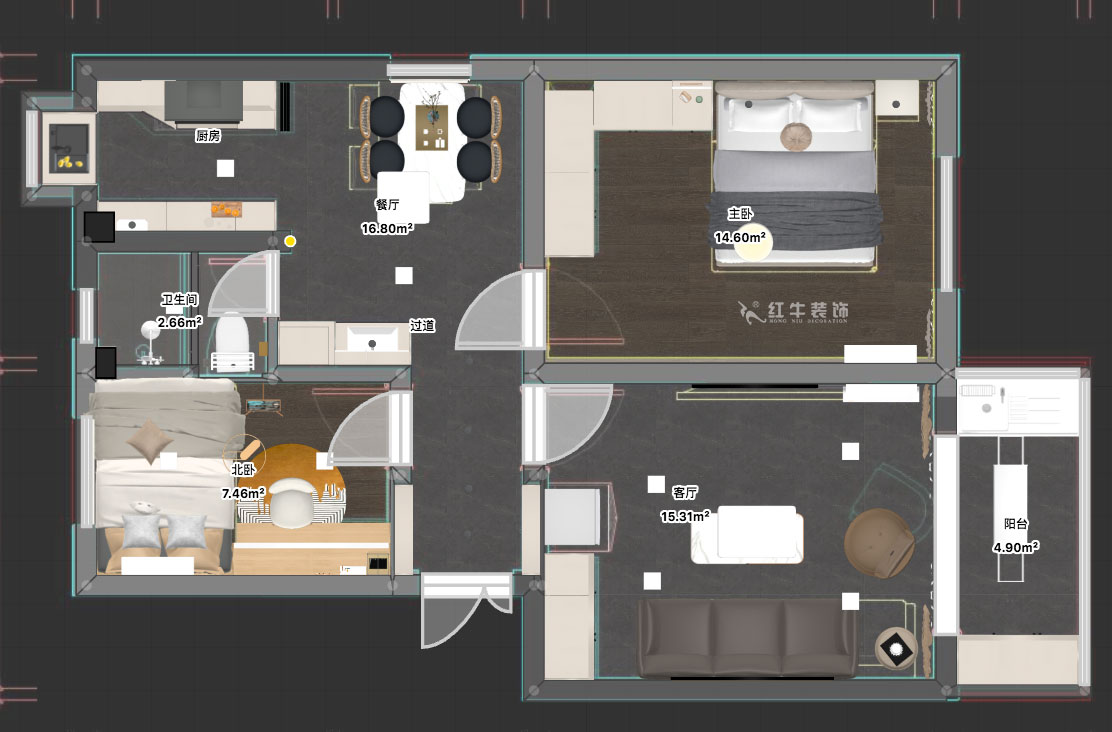 朱明琪|旭光里53-301-70㎡-現(xiàn)代簡約風(fēng)格|2室2廳1衛(wèi)|老房裝修|定制家|全包12萬|00_03平面彩圖
