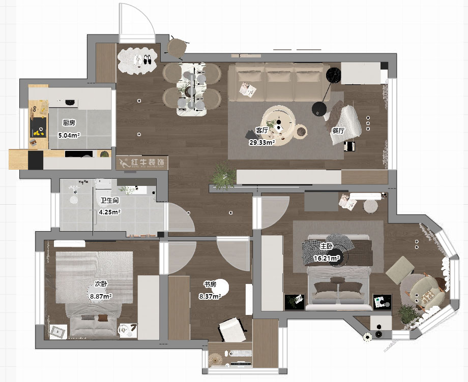 蔣琛｜中南世紀(jì)雅苑二期4-504-93㎡-現(xiàn)代簡約風(fēng)格｜3室1廳1衛(wèi)｜毛坯房裝修｜定制家｜全包12萬｜00_03平面彩圖