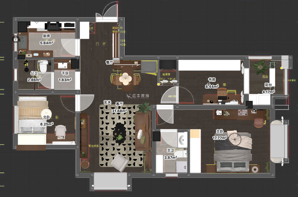 蔣琛｜金域國(guó)際10-2004-105㎡-現(xiàn)代簡(jiǎn)約風(fēng)格｜3室1廳1衛(wèi)｜毛坯裝修｜定制家｜全包12萬(wàn)｜00_03平面彩圖