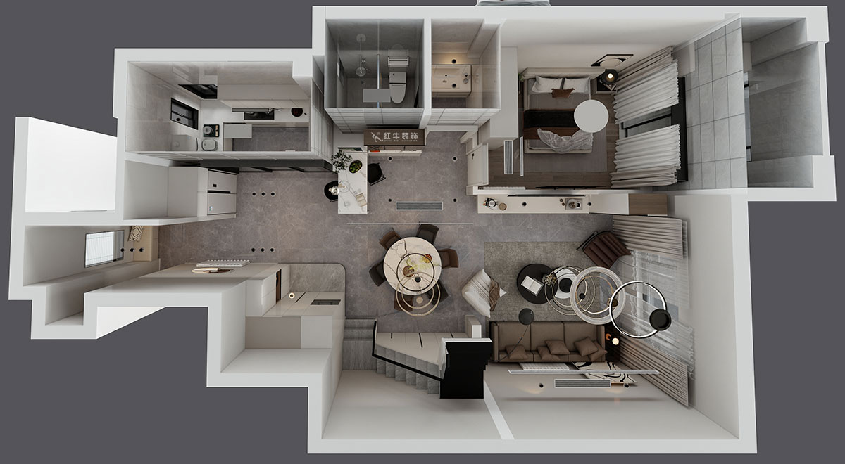 蔣?。┥紧斈芷咛栐?-205-280㎡-現(xiàn)代簡約風(fēng)格｜復(fù)式｜4室2廳3衛(wèi)｜毛坯裝修｜定制家｜全包40萬｜00_07一層鳥瞰圖