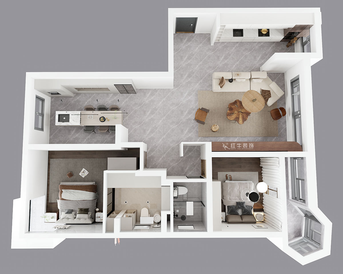 蔣?。蟀睹吩鹿痖w2-1-1401-140㎡-意式極簡風格｜3室2廳2衛(wèi)｜老房裝修｜婚房裝修｜定制家｜全包18萬｜00_04鳥瞰圖