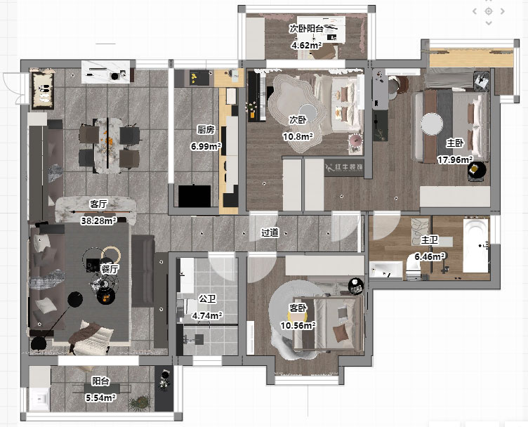蔣?。邓{星座1-804-130㎡-現(xiàn)代簡約風格｜3室2廳2衛(wèi)｜老房裝修｜定制家｜全包19萬｜00_03平面彩圖