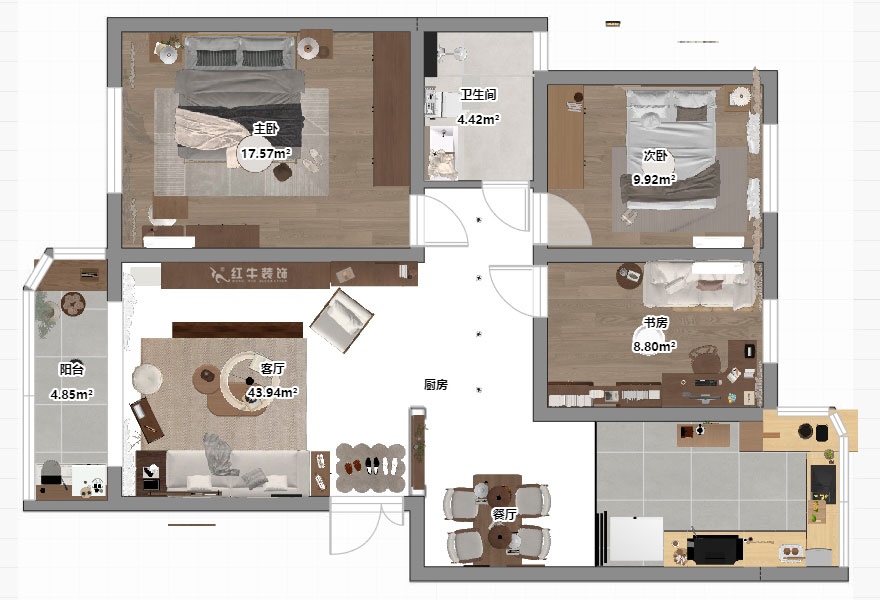 朱明琪｜月牙湖花園3-1-402-89㎡-原木風格｜3室2廳1衛(wèi)｜老房翻新｜定制家｜全包13萬｜00_03平面彩圖