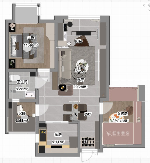 魏明花|金陵灣6幢2-503-89㎡-現(xiàn)代簡(jiǎn)約風(fēng)格|3室2廳1衛(wèi)|二手房裝修|定制家|全包12萬(wàn)|00_03平面彩圖