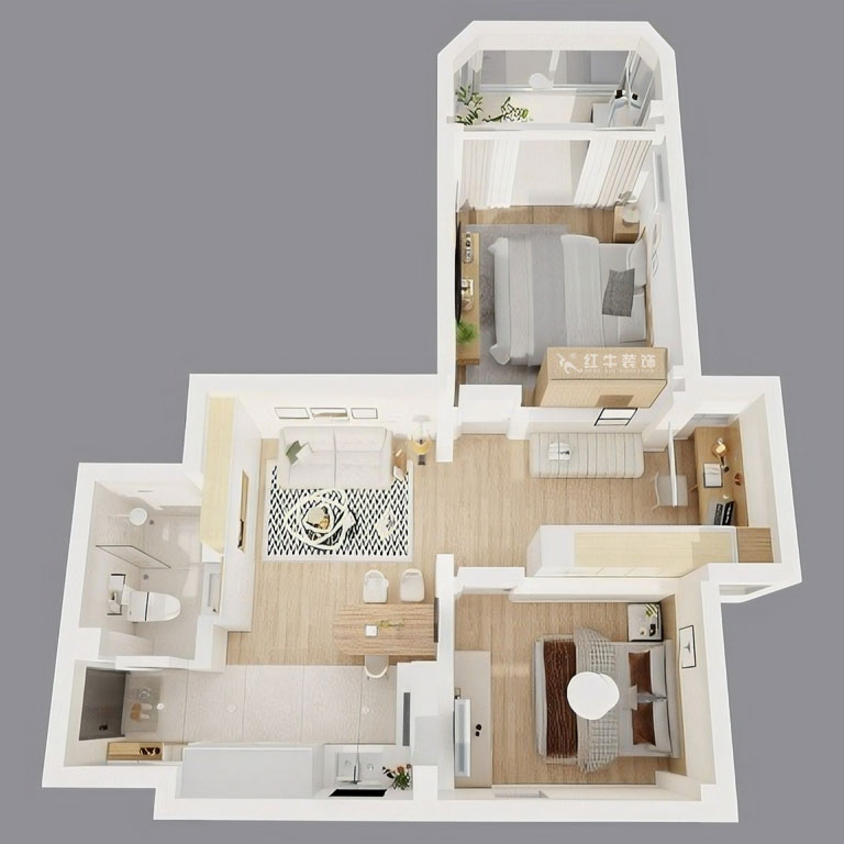 顧娟|鎖金二村21-1105-77㎡-現代風格|2室2廳1衛(wèi)|舊房裝修|定制家|全包11萬|00_05鳥瞰圖