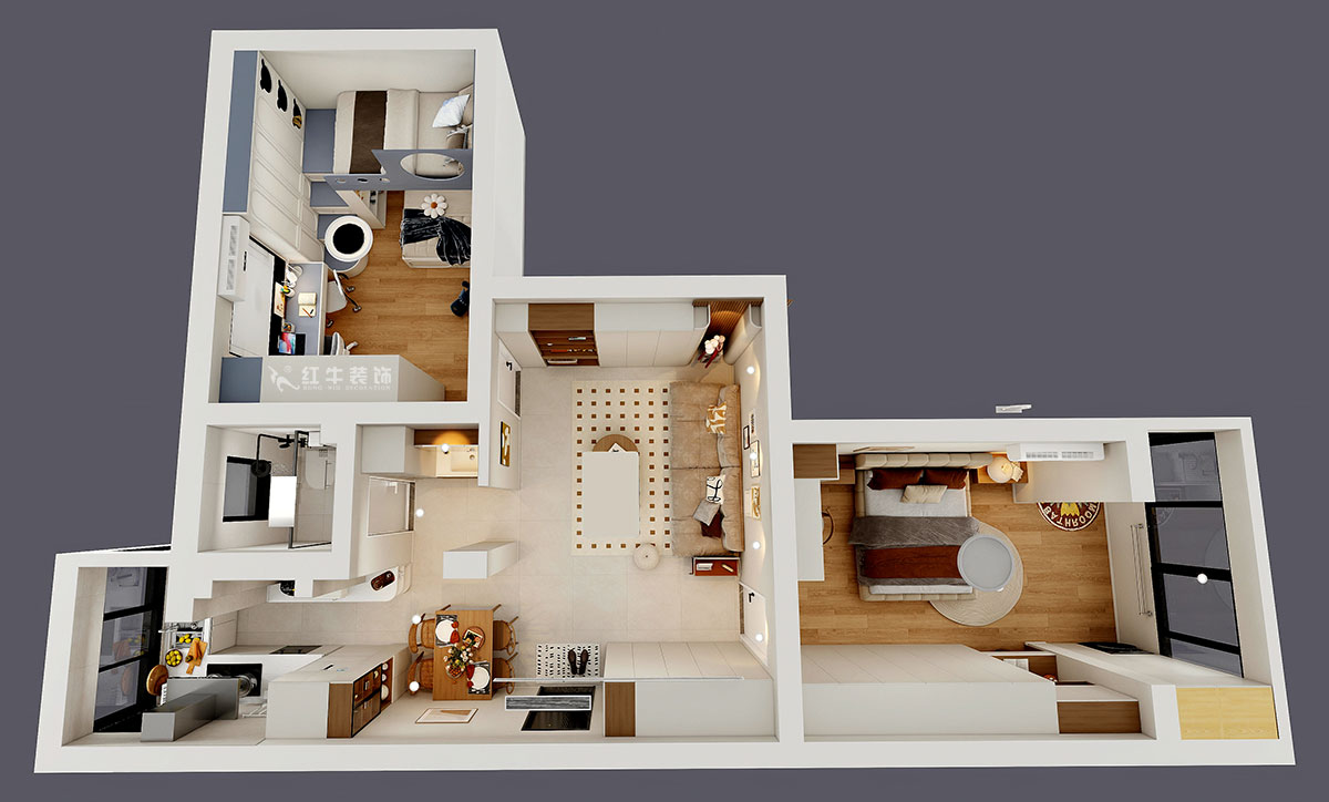 顧娟｜大樹根32-703-70㎡-現(xiàn)代簡約風格｜2室2廳1衛(wèi)｜舊房裝修｜定制家｜全包11萬｜00_05鳥瞰圖