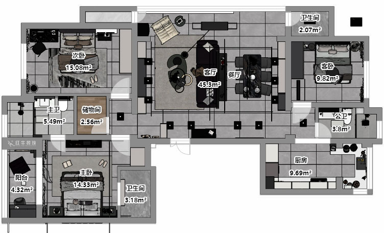 劉小勇｜翠屏誠(chéng)園北區(qū)5-702-138㎡-現(xiàn)代黑白灰風(fēng)格｜3室2廳2衛(wèi)｜老房裝修｜定制家｜全包19萬｜00_03平面彩圖