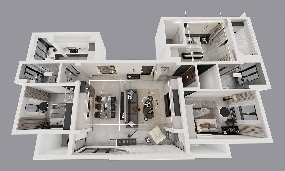 劉小勇｜翠屏誠(chéng)園北區(qū)5-702-138㎡-現(xiàn)代黑白灰風(fēng)格｜3室2廳2衛(wèi)｜老房裝修｜定制家｜全包19萬｜00_04鳥瞰圖