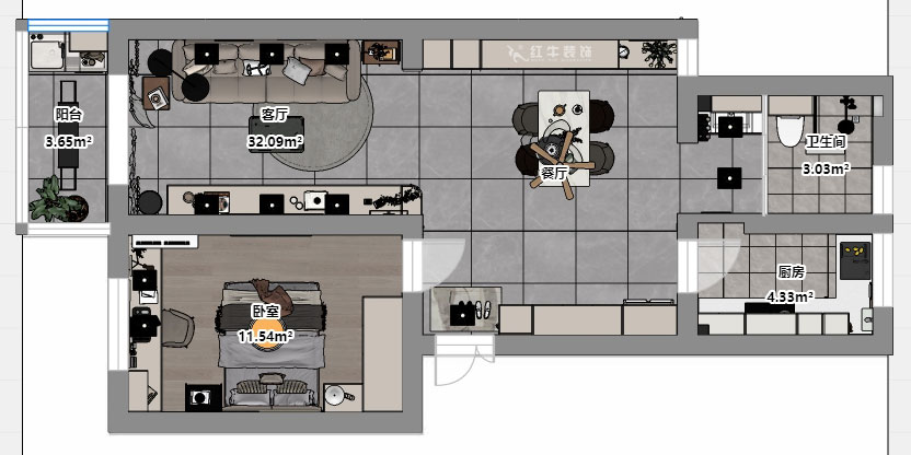 魏明花|衛(wèi)橋新村17-502-70㎡-現(xiàn)代簡約風格|1室2廳1衛(wèi)|二手房裝修|定制家|全包9萬|00_03平面彩圖