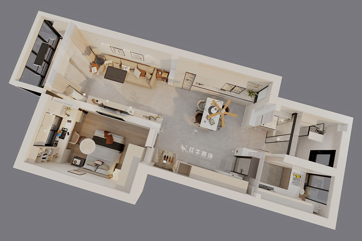 魏明花|衛(wèi)橋新村17-502-70㎡-現(xiàn)代簡約風格|1室2廳1衛(wèi)|二手房裝修|定制家|全包9萬|00_04鳥瞰圖