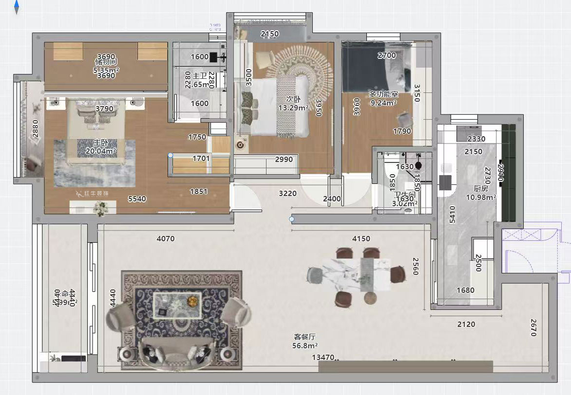 蔣琛｜京隆名府3-1907-160㎡-法式風(fēng)格｜3室2廳2衛(wèi)｜舊房裝修｜定制家｜全包22萬｜00_03平面彩圖