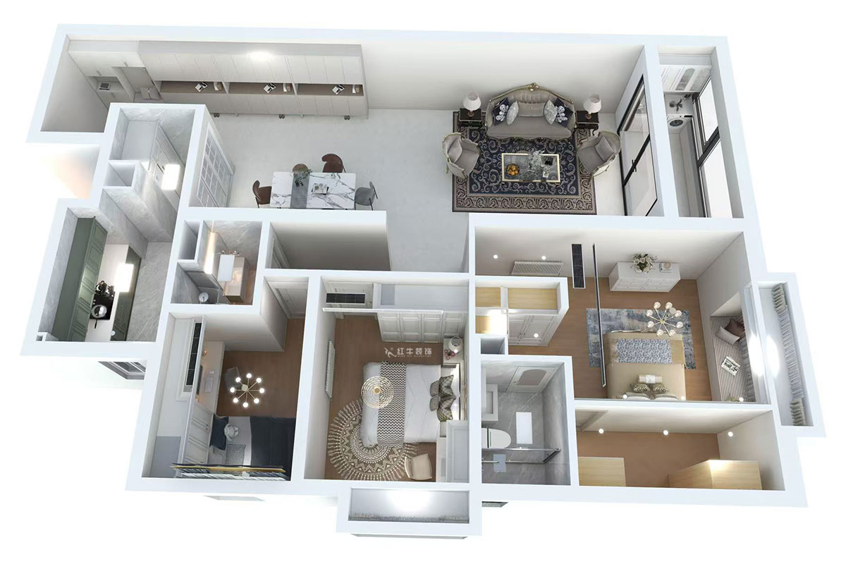 蔣?。┞∶?-1907-160㎡-法式風(fēng)格｜3室2廳2衛(wèi)｜舊房裝修｜定制家｜全包22萬｜00_04鳥瞰圖