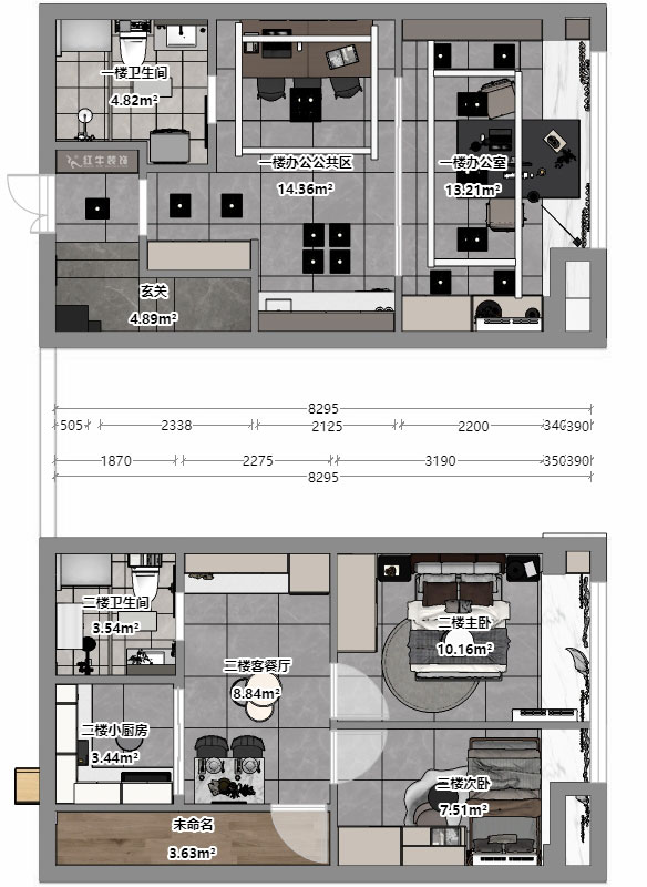 蔣?。谛陪K岸中心5號樓1218室-50㎡挑高-現(xiàn)代簡約風格｜3室2廳2衛(wèi)｜老房裝修｜定制家｜全包12萬｜00_04平面彩圖