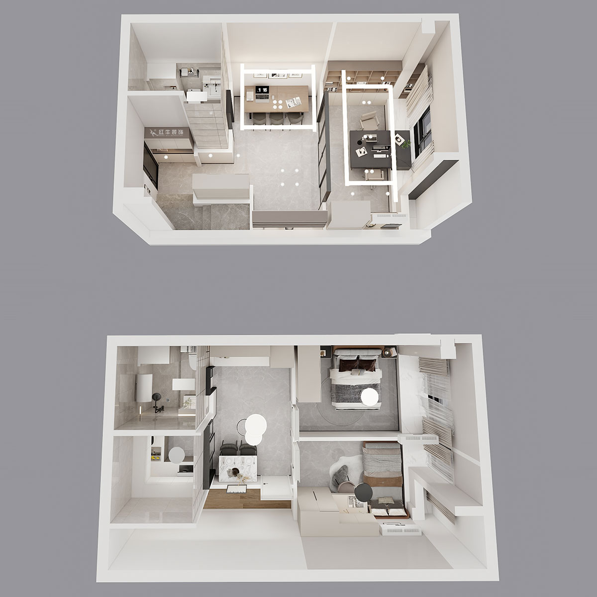 蔣琛｜融信鉑岸中心5號樓1218室-50㎡挑高-現(xiàn)代簡約風格｜3室2廳2衛(wèi)｜老房裝修｜定制家｜全包12萬｜00_05鳥瞰圖