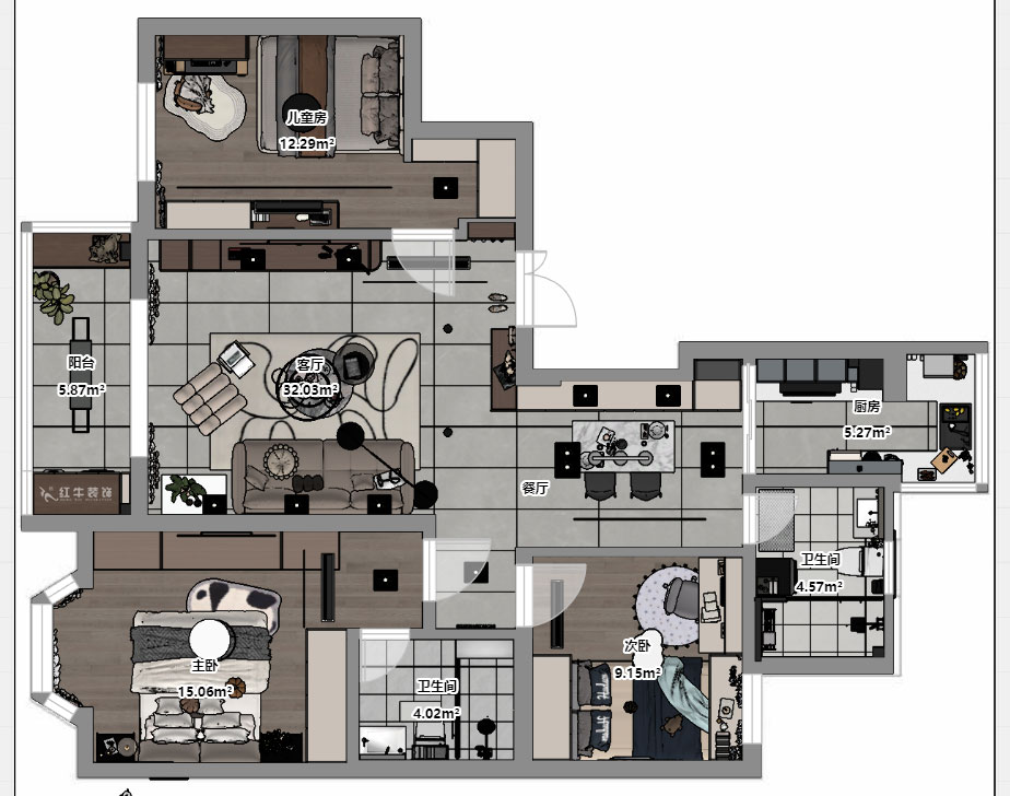 蔣?。汩坷?-2-901-108㎡-現(xiàn)代簡約風(fēng)格｜3室2廳2衛(wèi)｜老房裝修｜定制家｜全包16萬｜00_03平面彩圖