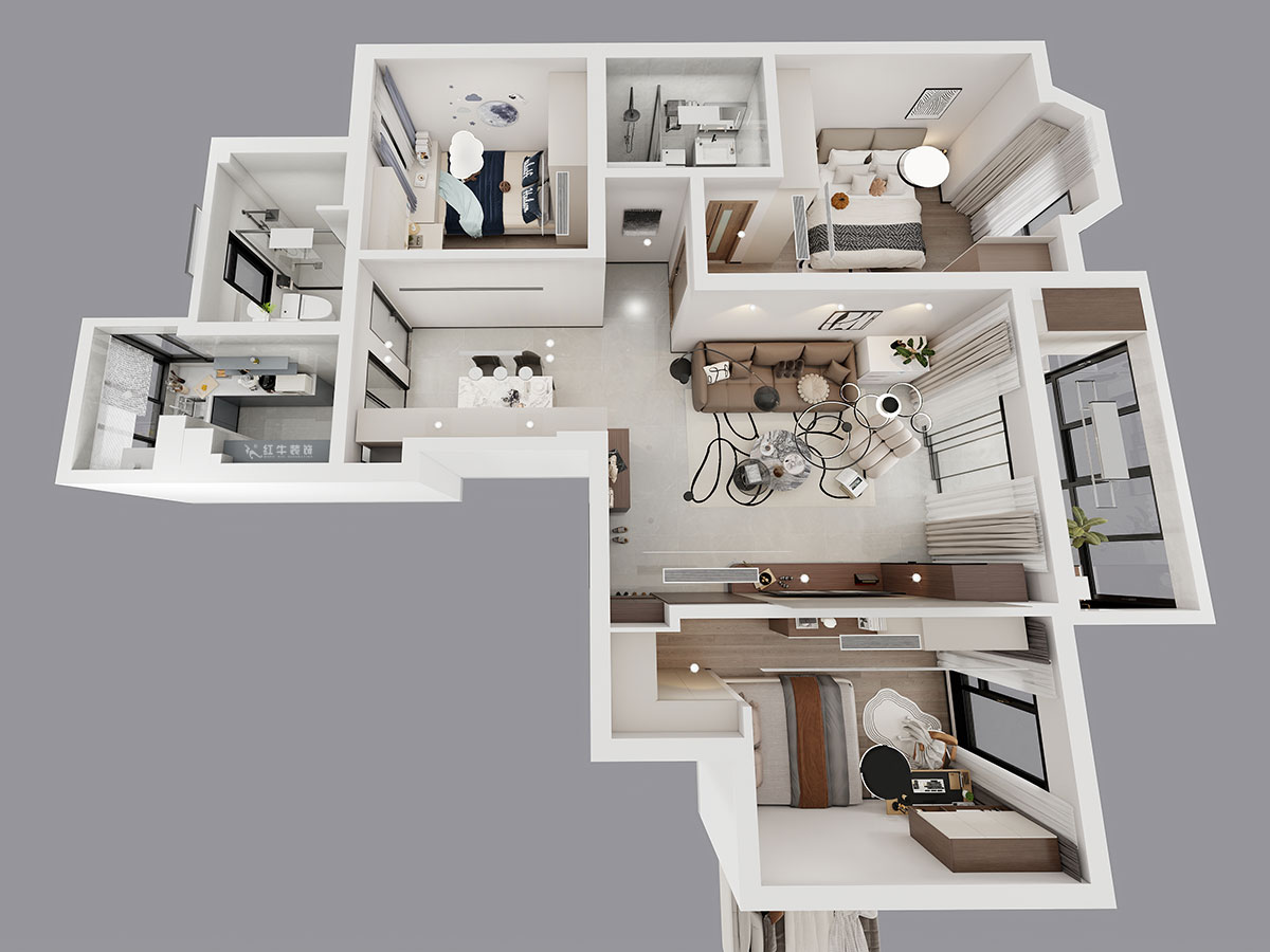 蔣?。汩坷?-2-901-108㎡-現(xiàn)代簡約風(fēng)格｜3室2廳2衛(wèi)｜老房裝修｜定制家｜全包16萬｜00_04鳥瞰圖