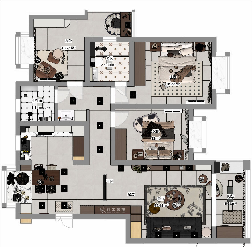 顧娟|挪威森林13-501-125㎡-中古風(fēng)|3室2廳2衛(wèi)|舊房裝修|定制家|全包17萬(wàn)|00_04平面彩圖